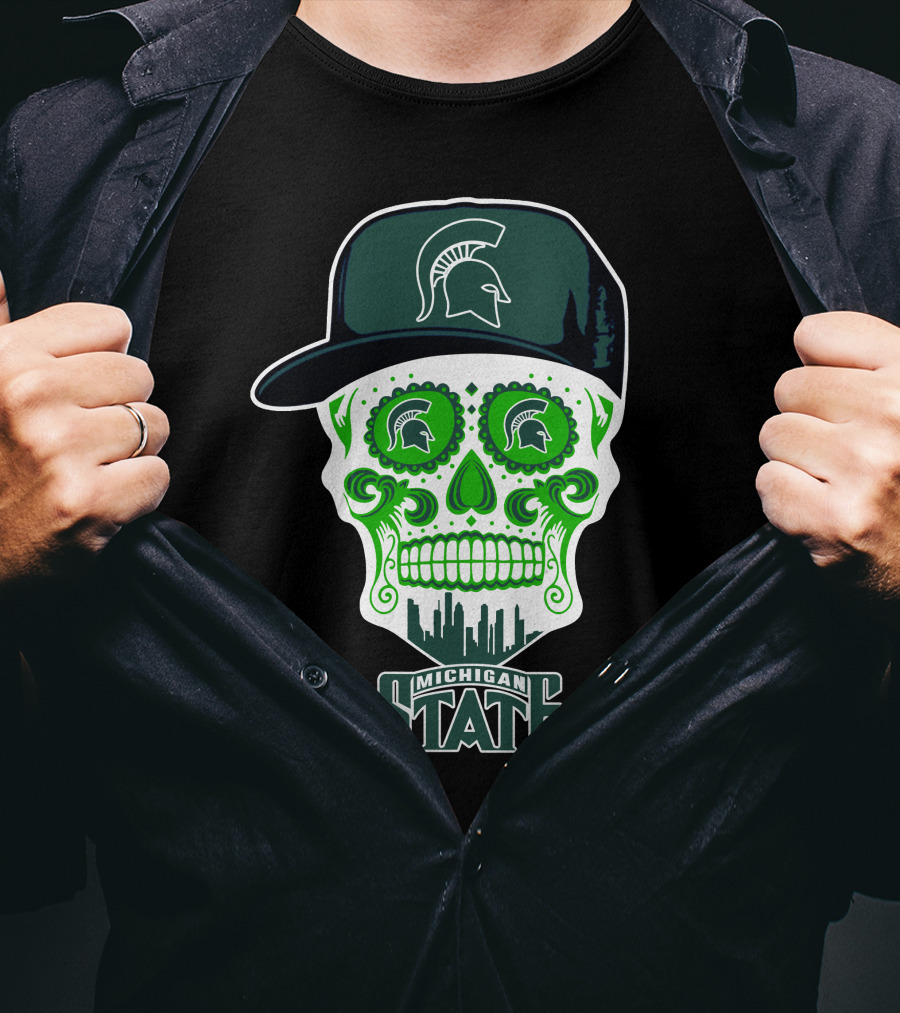Michigan State Spartans Skull With Hat And Cityscape T-Shirt