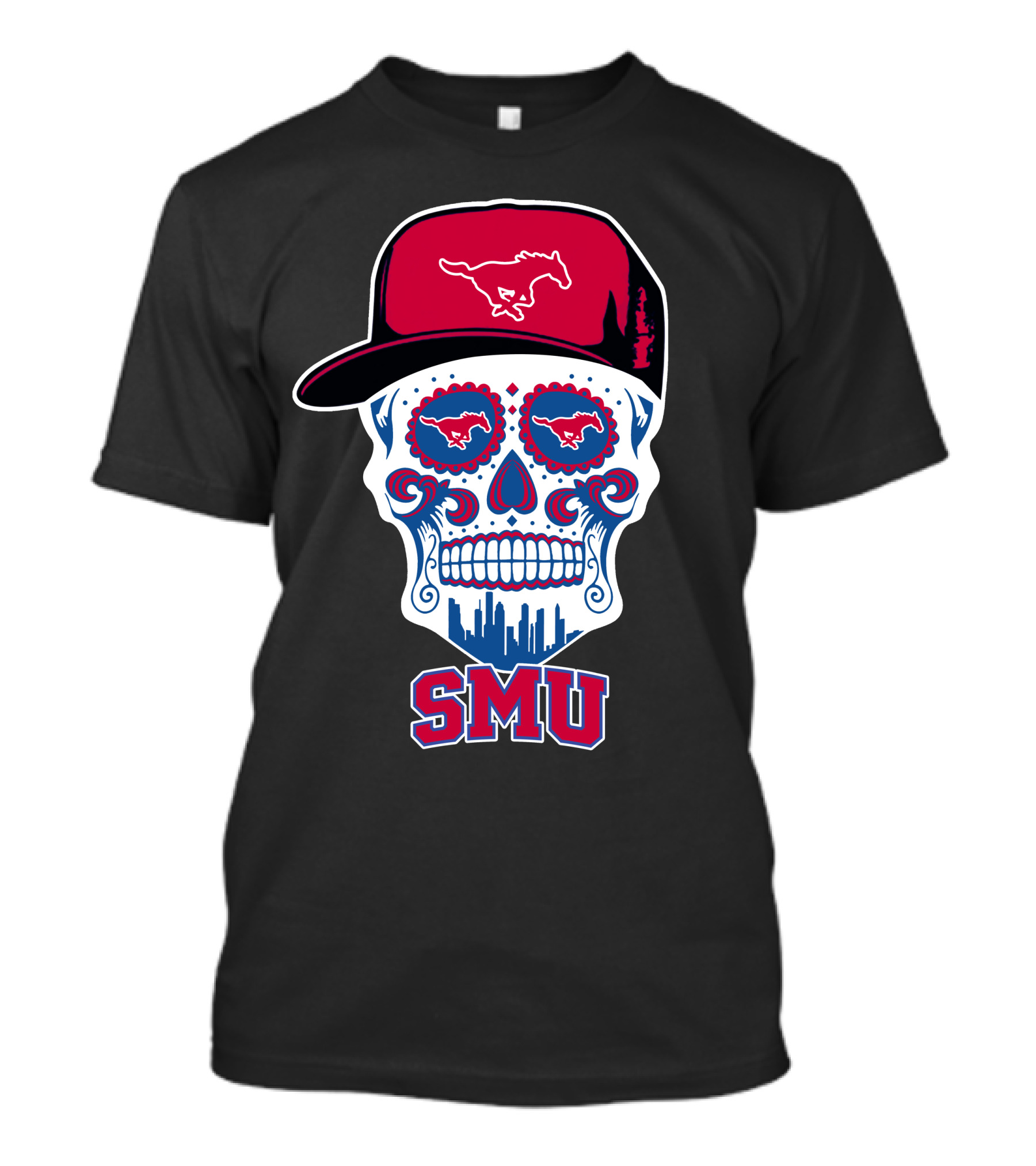 Smu Mustangs Skull With Hat And Skyline T-Shirt