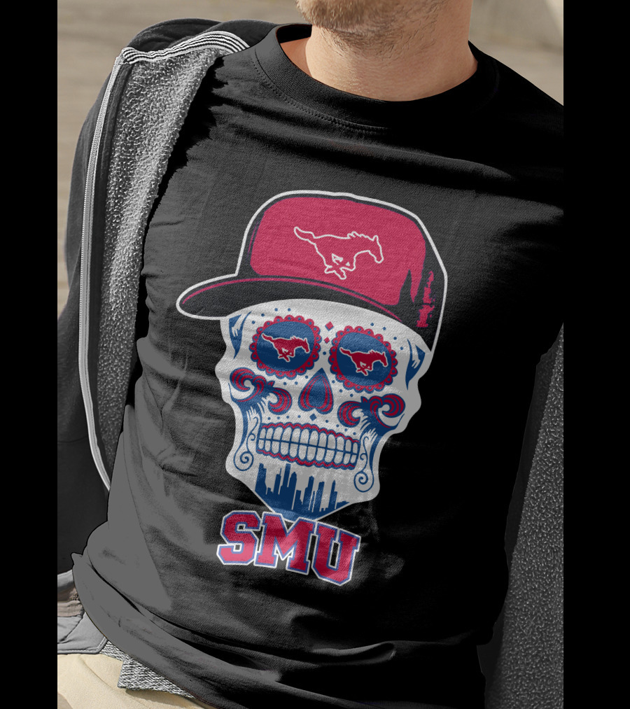 Smu Mustangs Skull With Hat And Skyline T-Shirt
