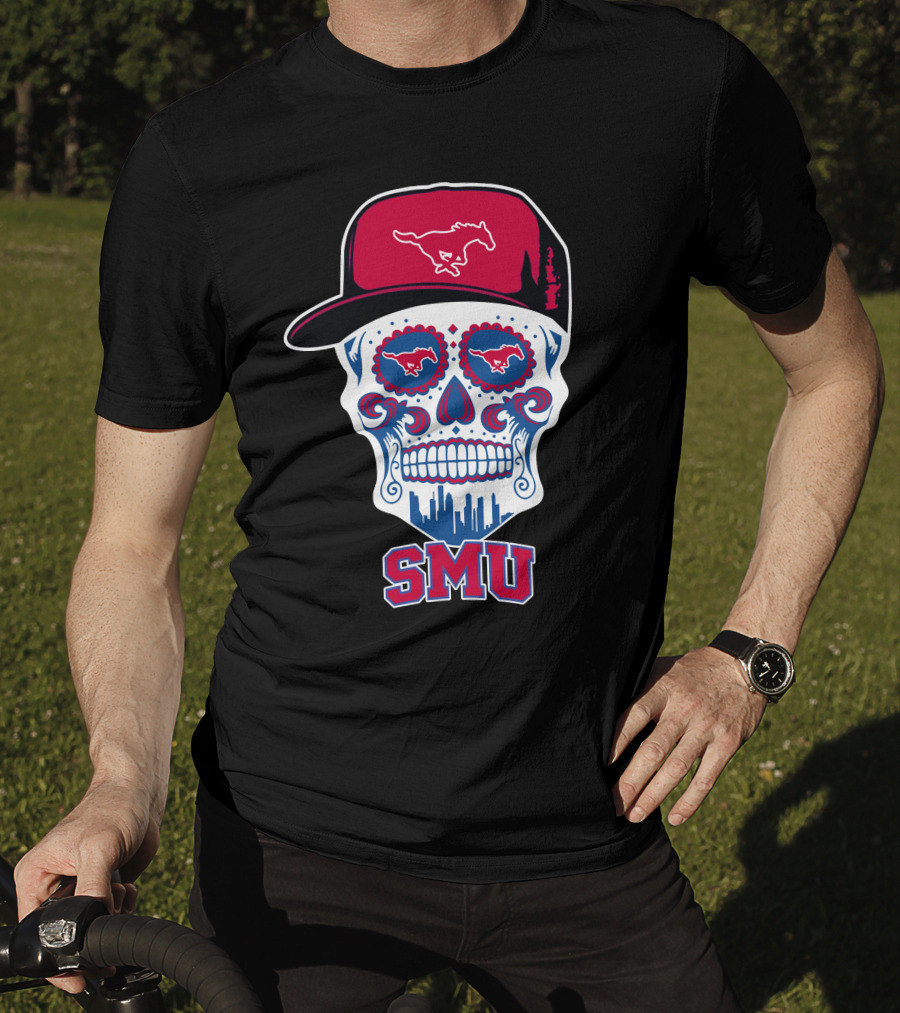 Smu Mustangs Skull With Hat And Skyline T-Shirt