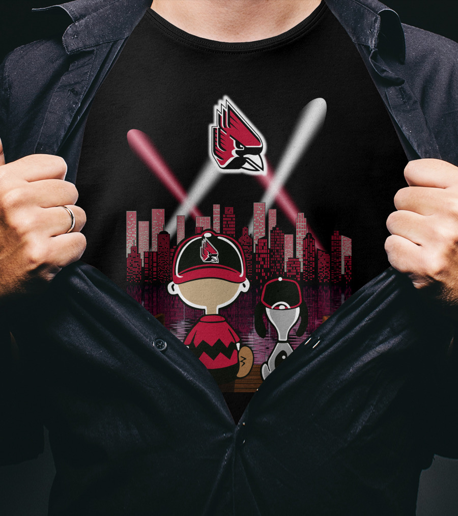 Ball State Cardinals City By Night Skyline Kids And Dog With Spotlight T-Shirt