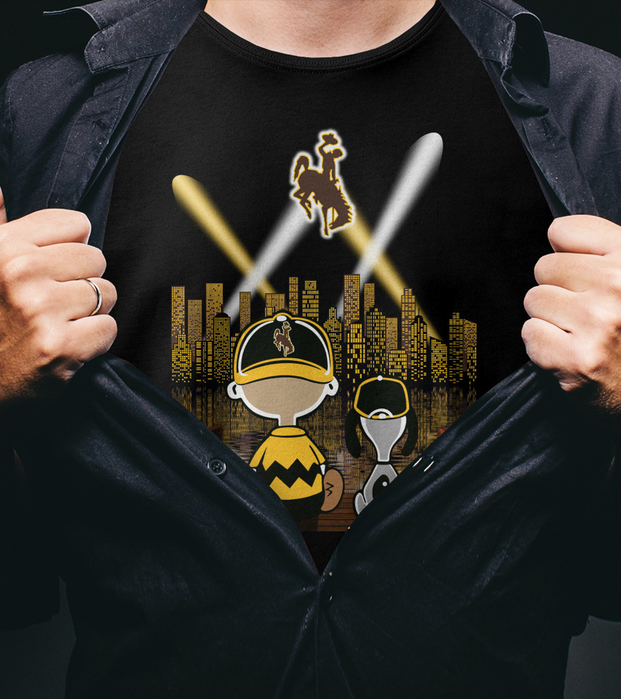 Wyoming Cowboys City At Night With Characters And Skyline T-Shirt