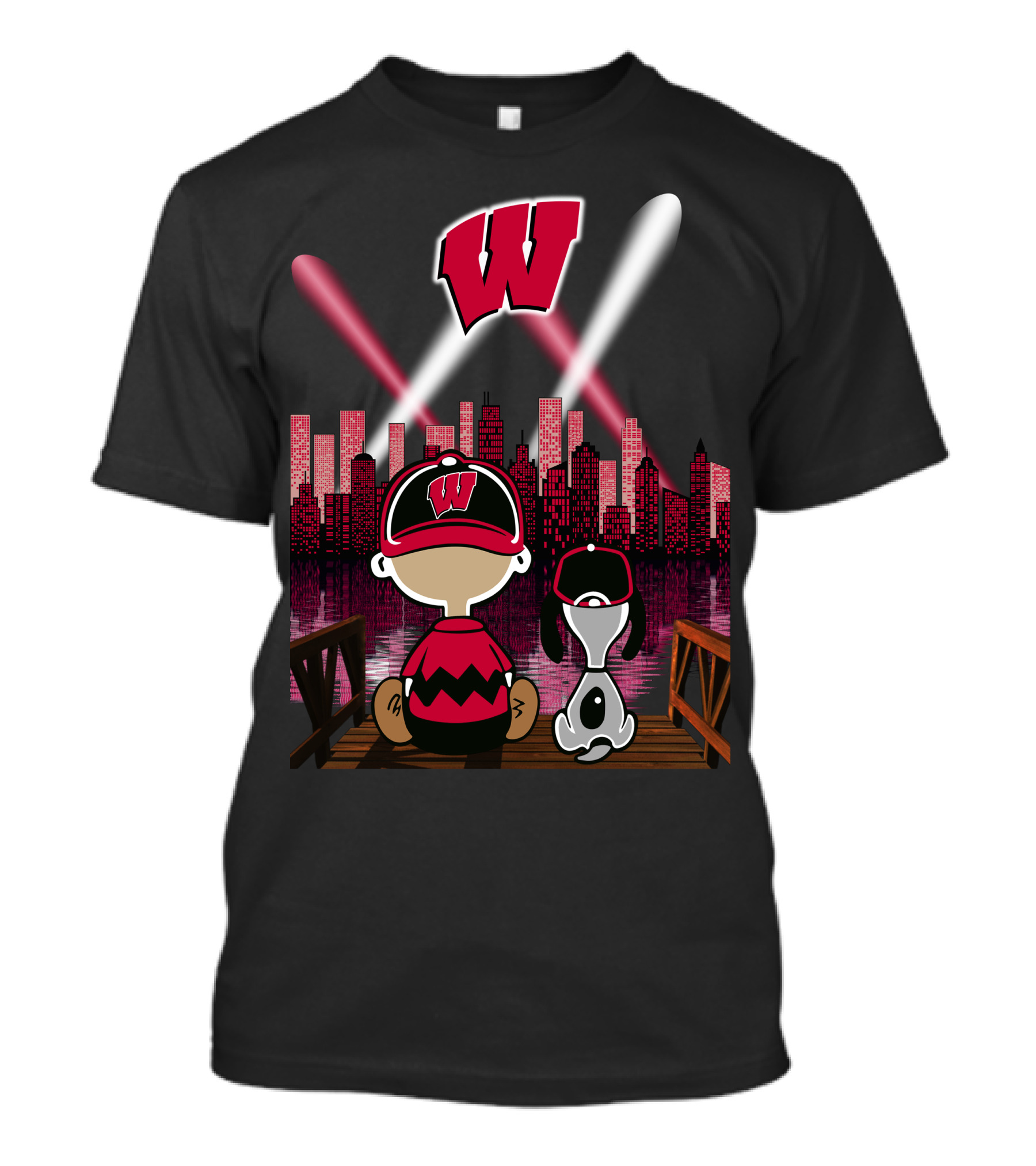 Wisconsin Badgers Night City Skyline With Cartoon Characters T-Shirt