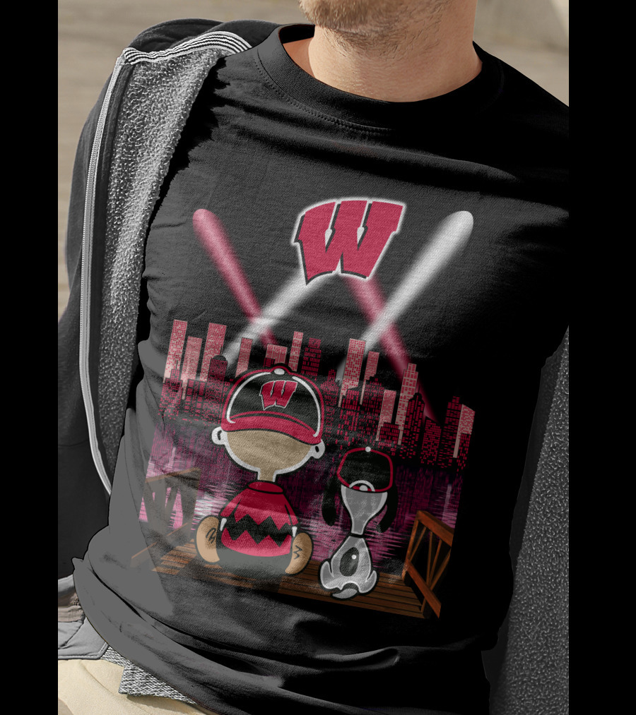 Wisconsin Badgers Night City Skyline With Cartoon Characters T-Shirt
