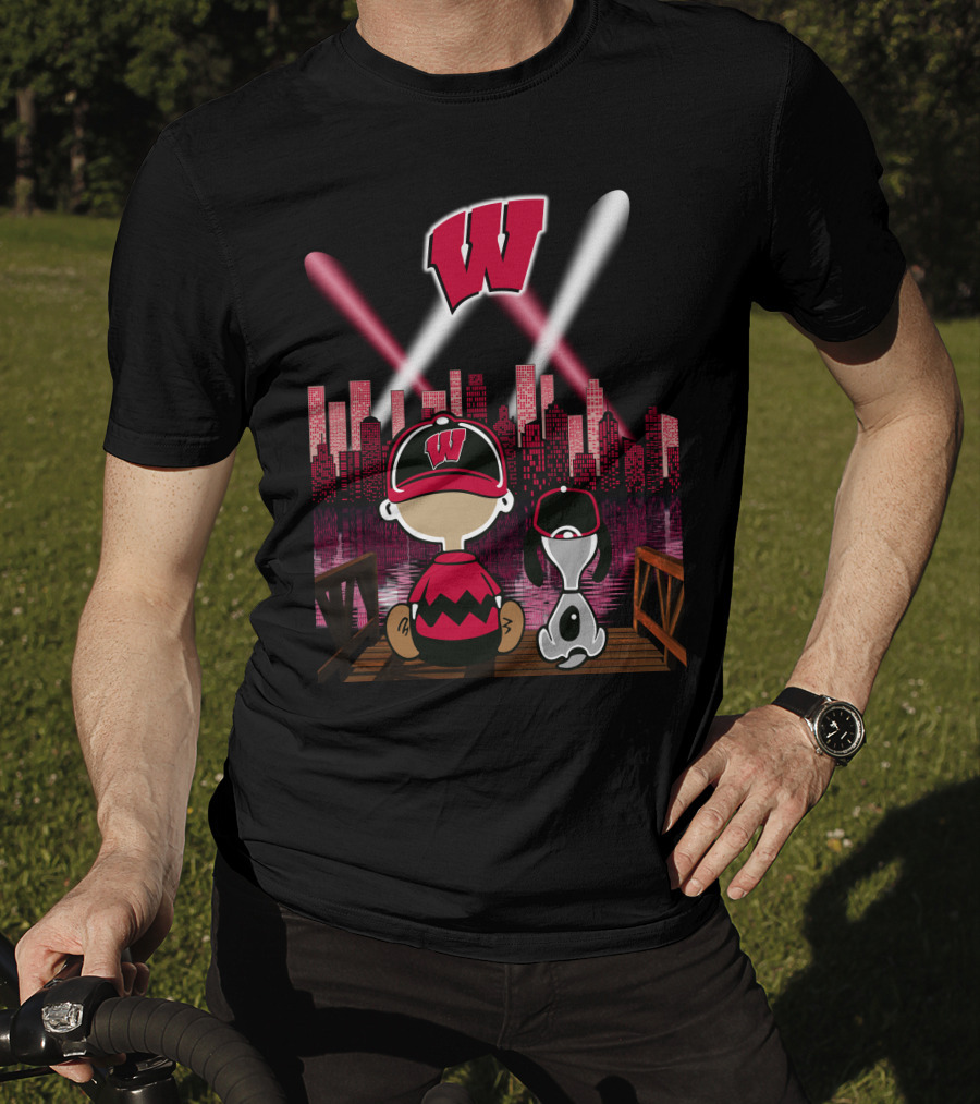 Wisconsin Badgers Night City Skyline With Cartoon Characters T-Shirt