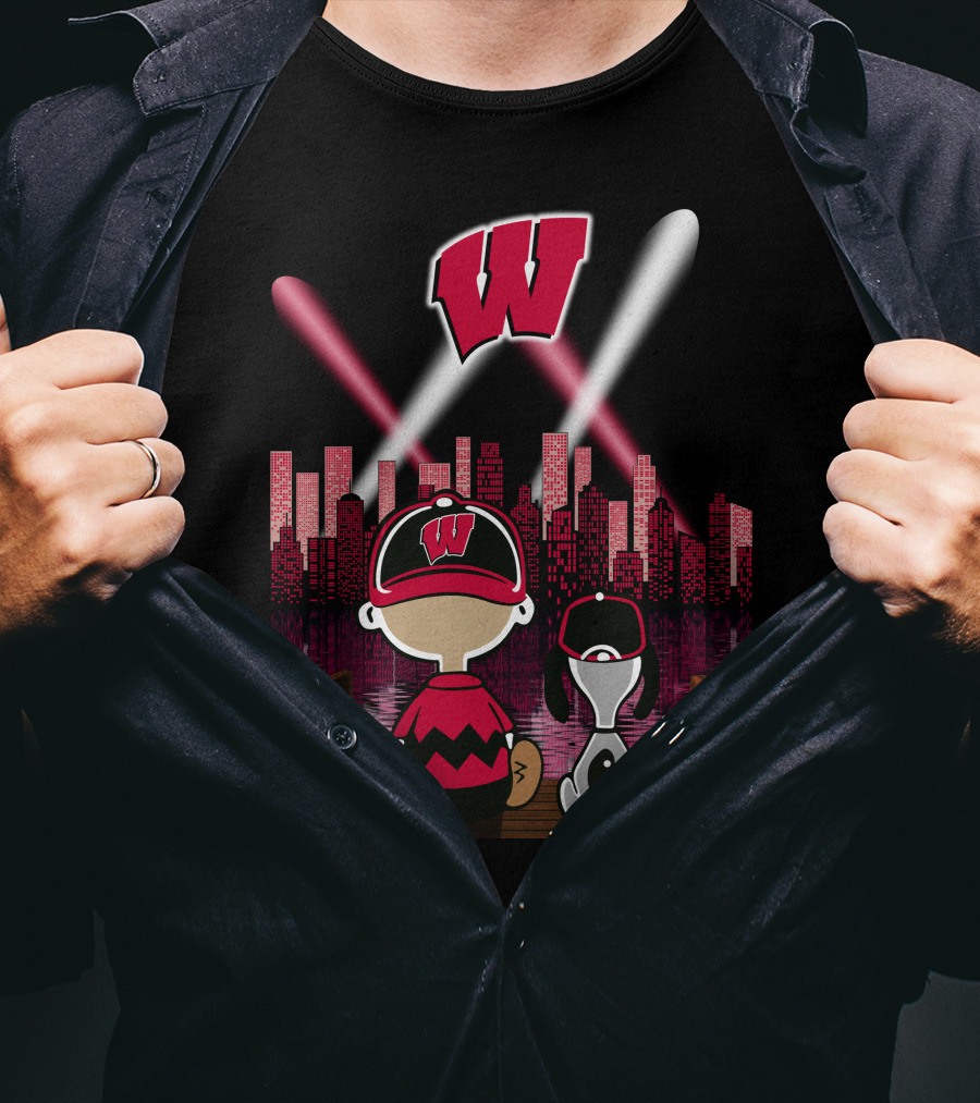 Wisconsin Badgers Night City Skyline With Cartoon Characters T-Shirt