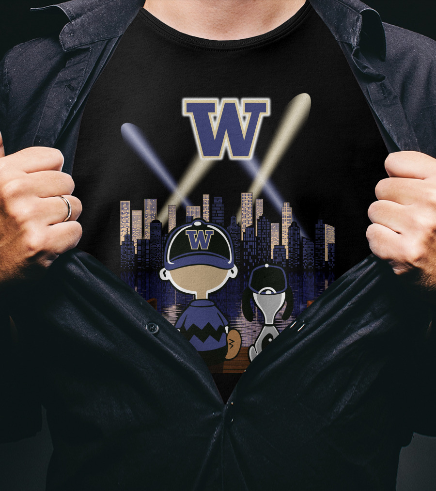 W Washington Huskies City Skyline At Night With Baseball Cap Characters T-Shirt