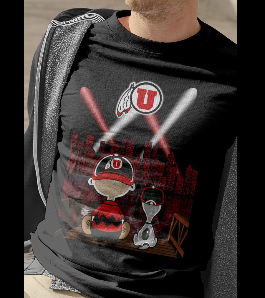Utah Utes City Skyline Night Scene With Cartoon Characters T-Shirt