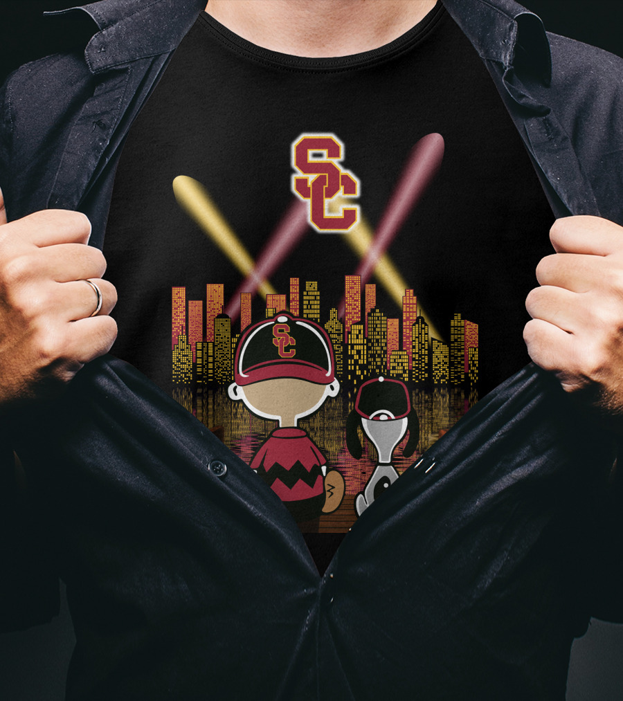 Usc Trojans Nighttime Cityscape With Cartoon Figures T-Shirt