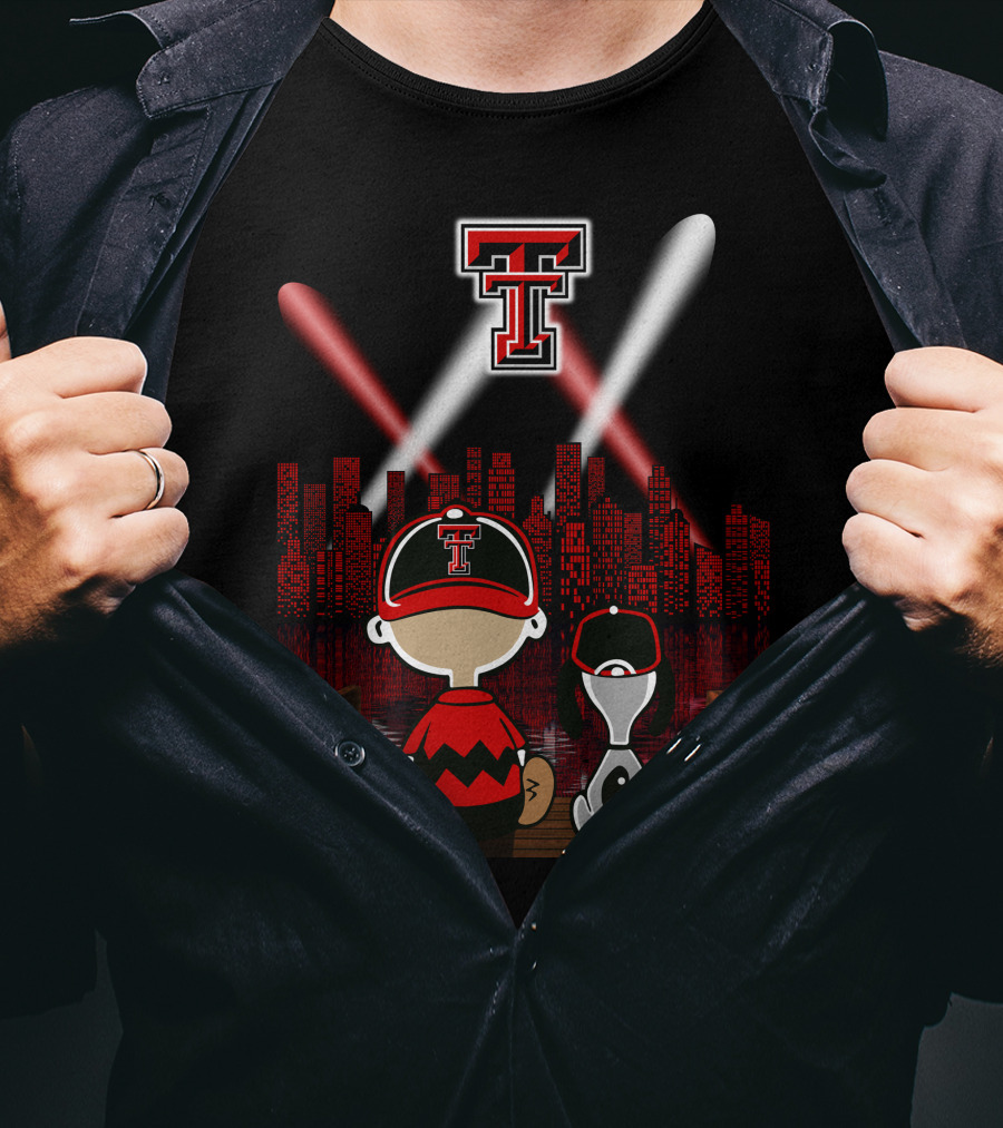Texas Tech Red Raiders Cityscape Night Adventure With Iconic Characters T-Shirt