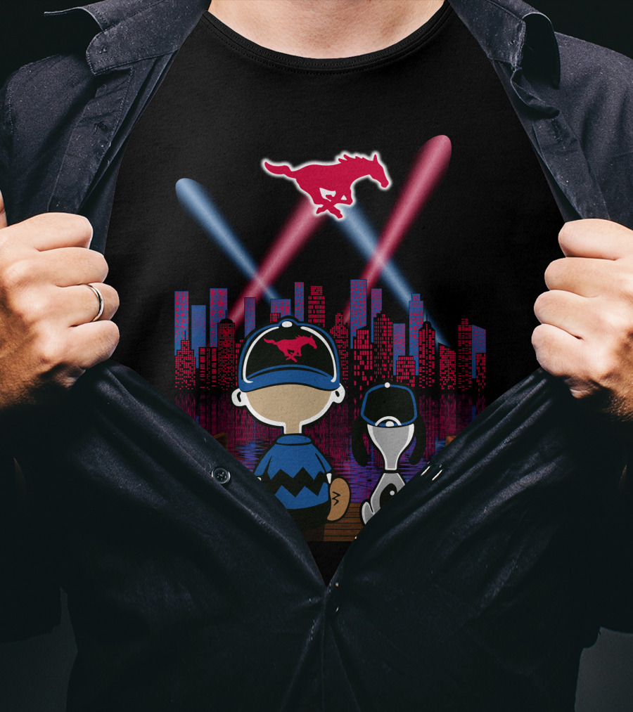 Smu Mustangs Snoopy And Friend City Skyline Night Scene T-Shirt