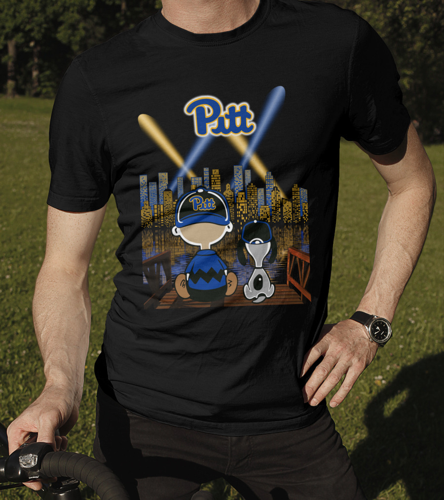 Pitt Panthers Nighttime Cityscape With Skyline And Characters T-Shirt
