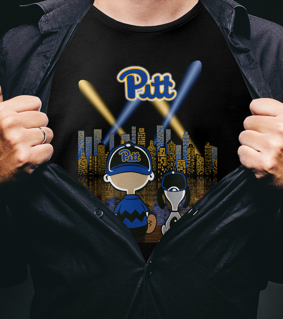 Pitt Panthers Nighttime Cityscape With Skyline And Characters T-Shirt
