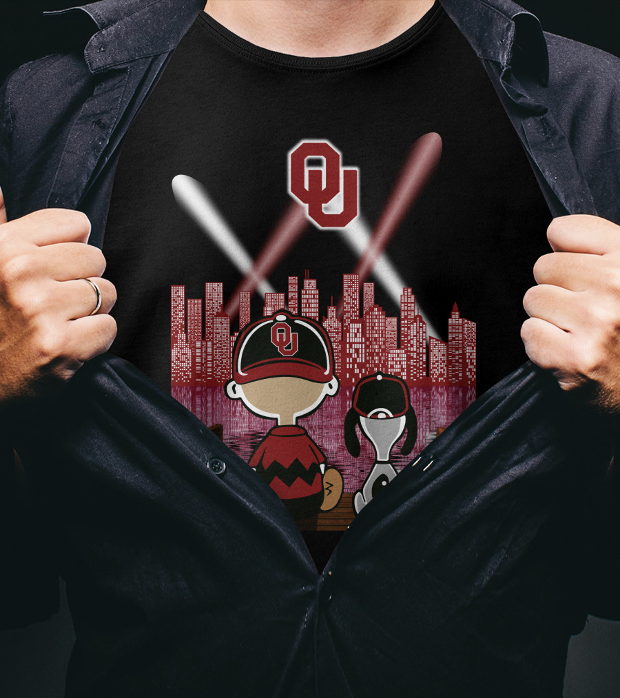 Ou Sooners Peanuts Characters With City Skyline At Night T-Shirt