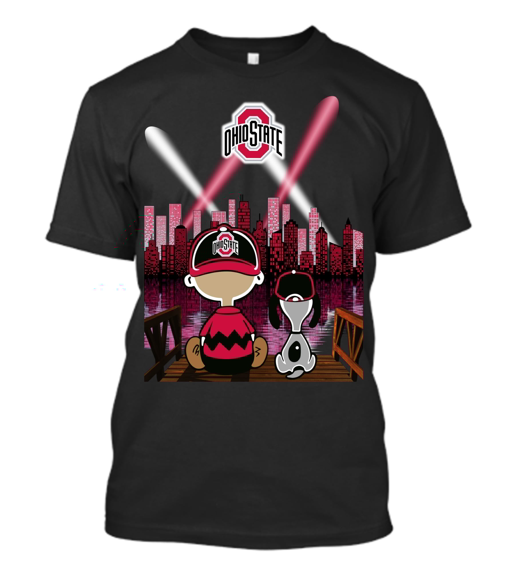 Ohio State Buckeyes Charlie Brown Snoopy City Skyline Night Scene T-Shirt