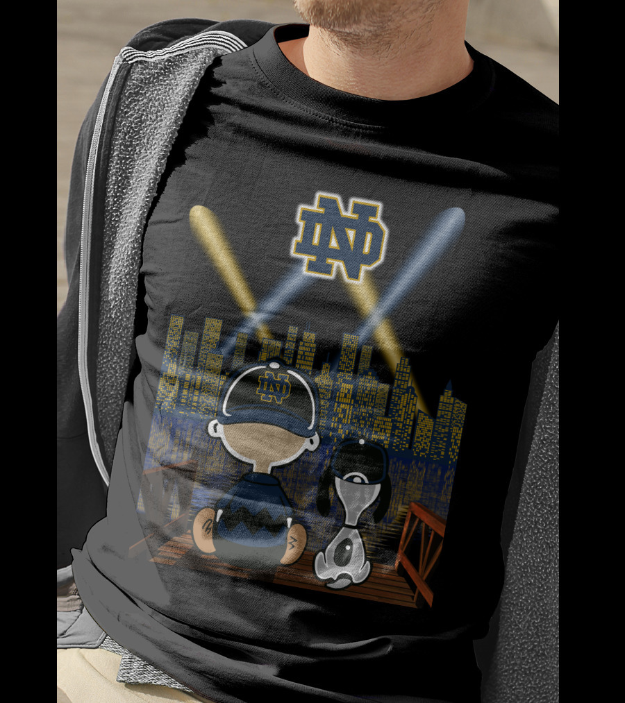 Notre Dame Fighting Irish City Skyline Night Scene With Kids And Dog T-Shirt