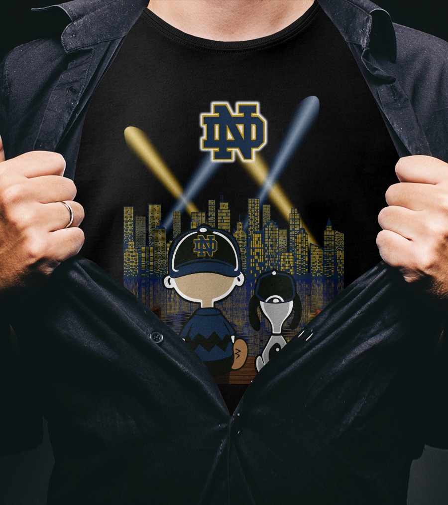 Notre Dame Fighting Irish City Skyline Night Scene With Kids And Dog T-Shirt