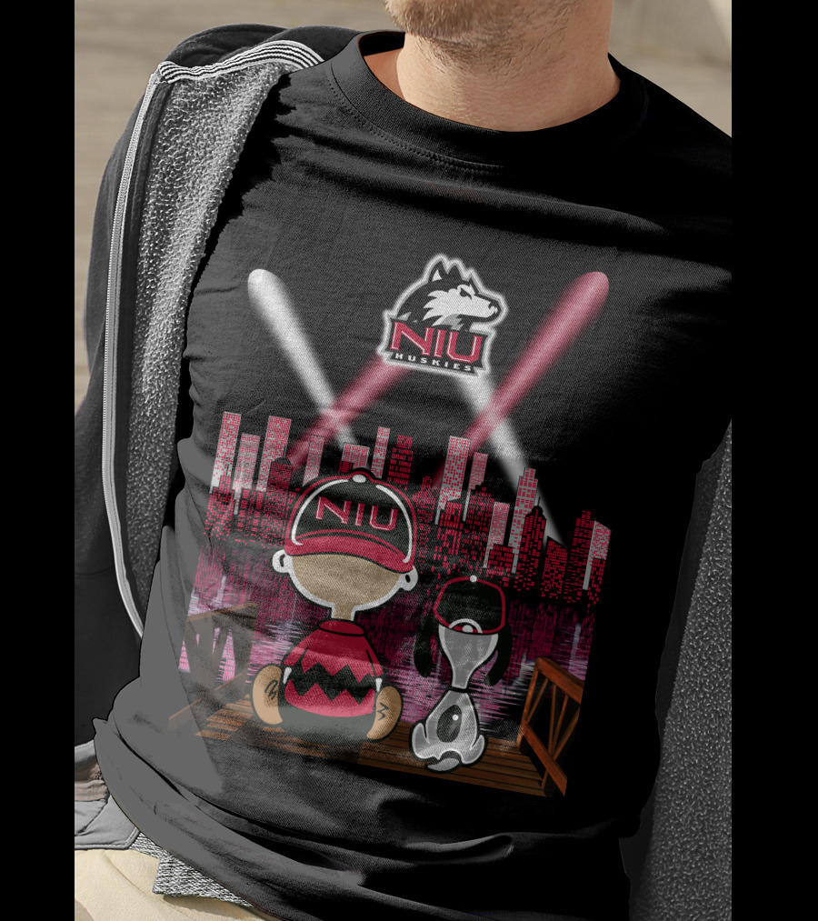 Niu Huskies City Skyline Night Scene With Characters And Northern Illinois T-Shirt