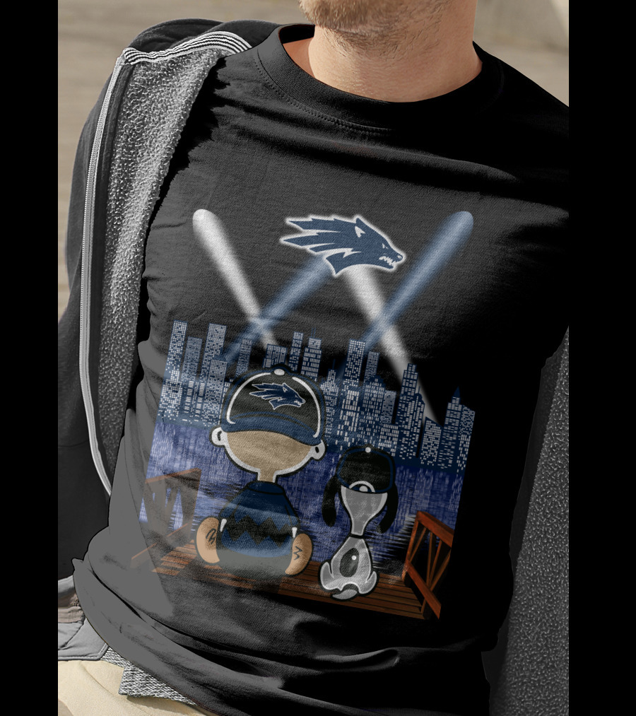 Nevada Wolf Pack Skyline At Night With Mascot And Cartoon Duo T-Shirt