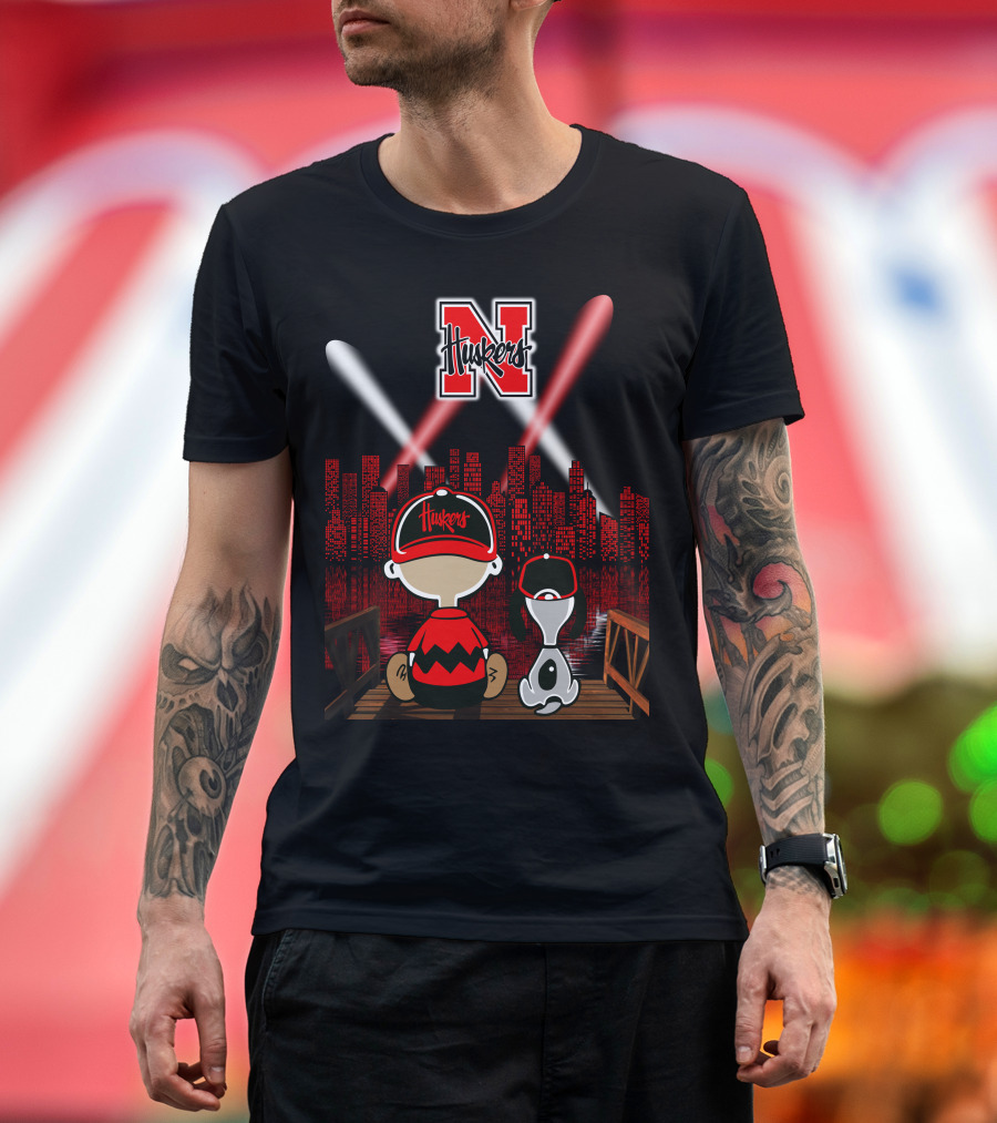 Huskers City By Night With N Logo And Iconic Cartoon Characters On A Bridge T-Shirt