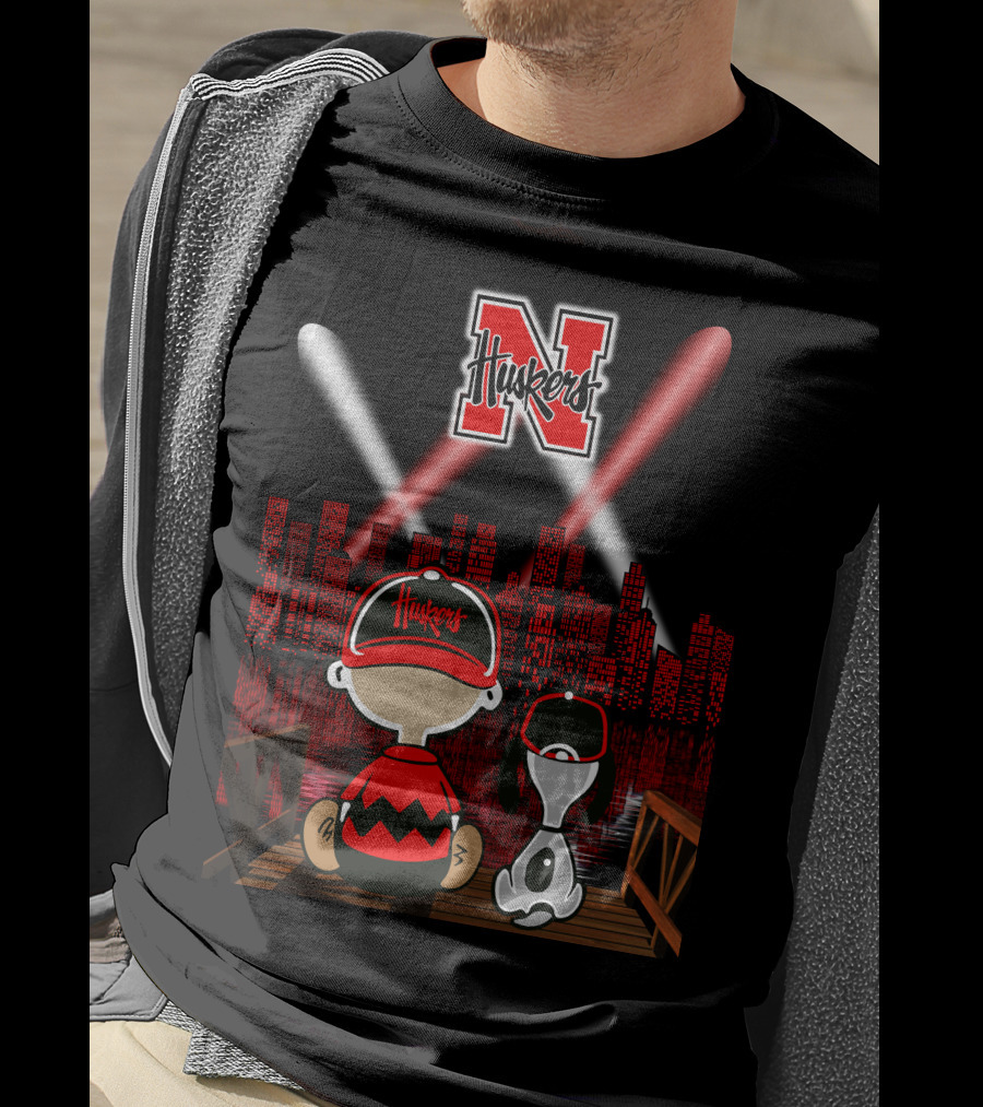Huskers City By Night With N Logo And Iconic Cartoon Characters On A Bridge T-Shirt
