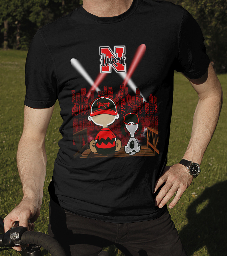 Huskers City By Night With N Logo And Iconic Cartoon Characters On A Bridge T-Shirt