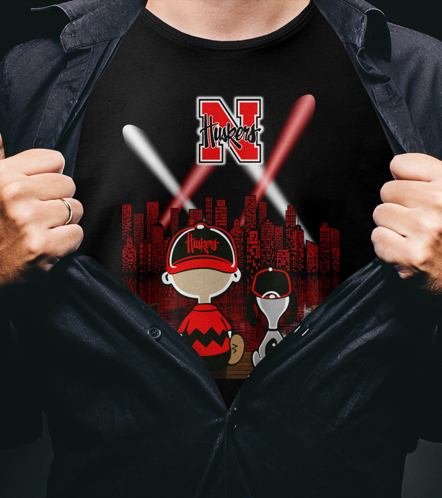 Huskers City By Night With N Logo And Iconic Cartoon Characters On A Bridge T-Shirt