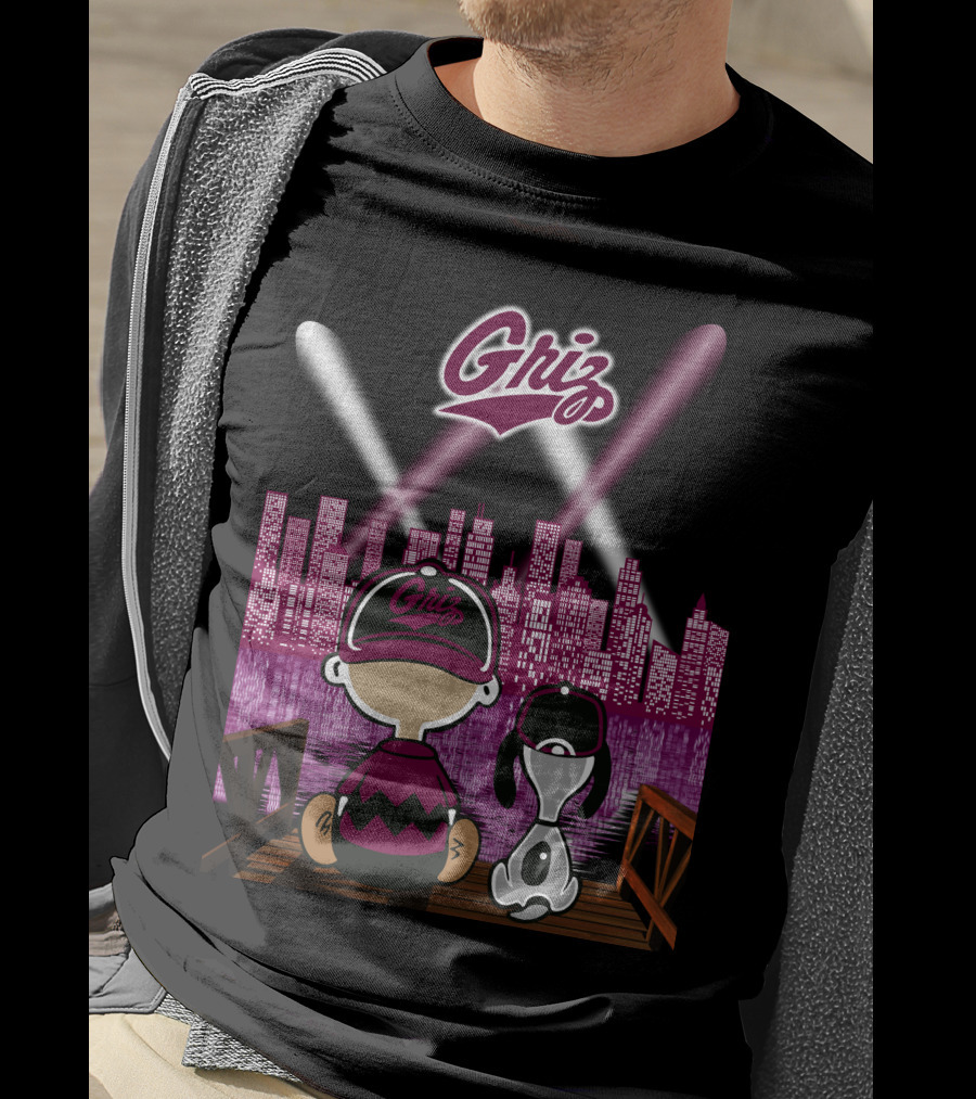 Griz 53 Montana Grizzlies City By Night Skyline With Dog And Child On Bridge T-Shirt