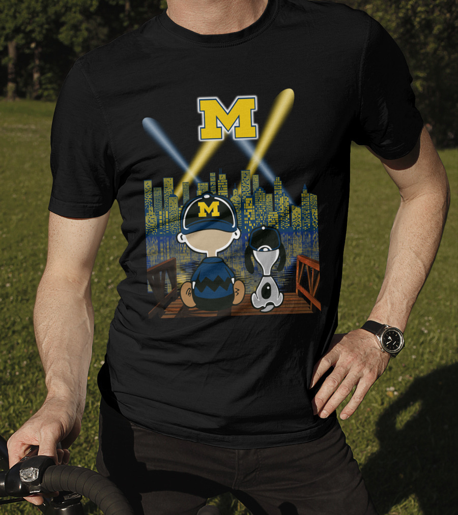 M Michigan Wolverines City By Night Skyline And Characters T-Shirt