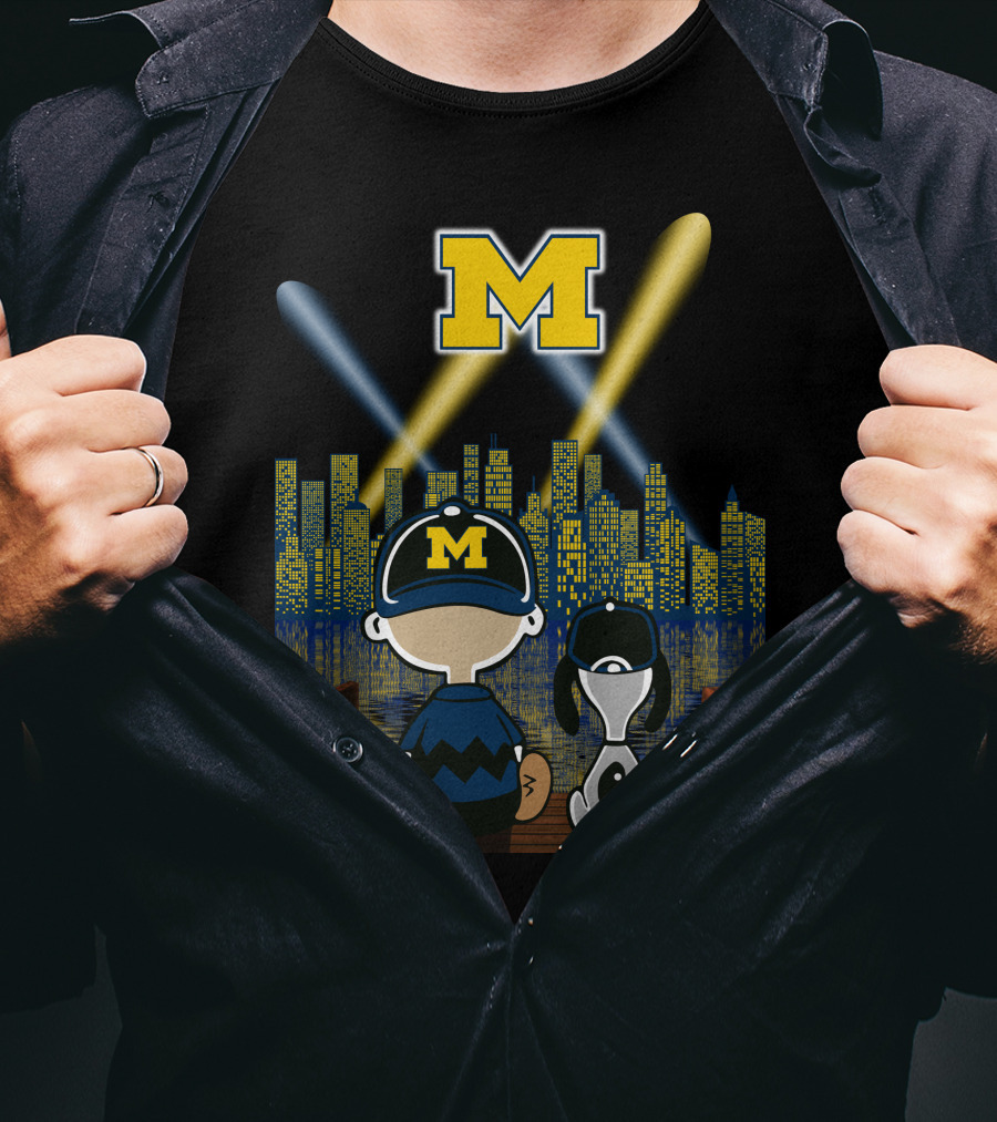 M Michigan Wolverines City By Night Skyline And Characters T-Shirt