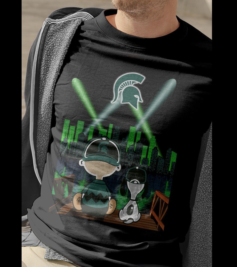 Michigan State Spartans Night City Skyline With Cartoon Characters And Spartan T-Shirt