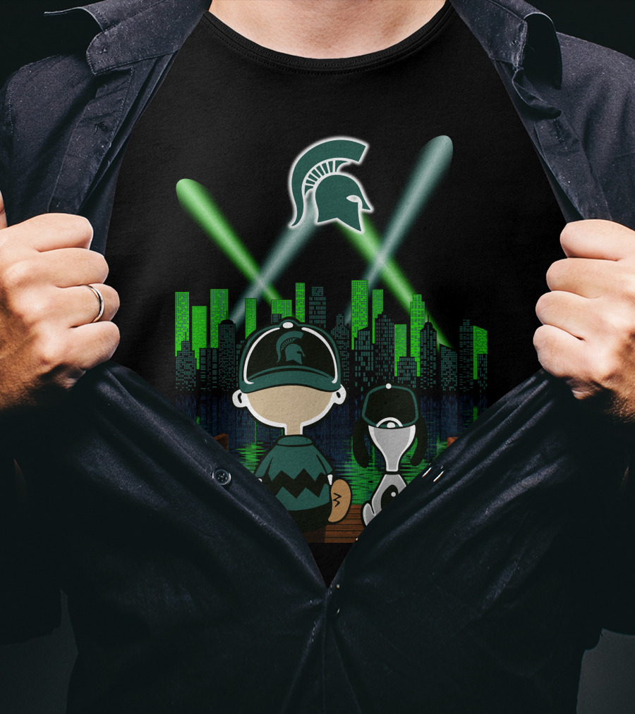 Michigan State Spartans Night City Skyline With Cartoon Characters And Spartan T-Shirt