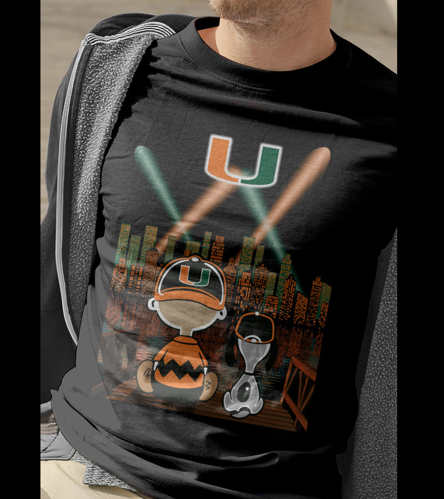 Miami Hurricanes City By Night Skyline Reflections With Characters T-Shirt