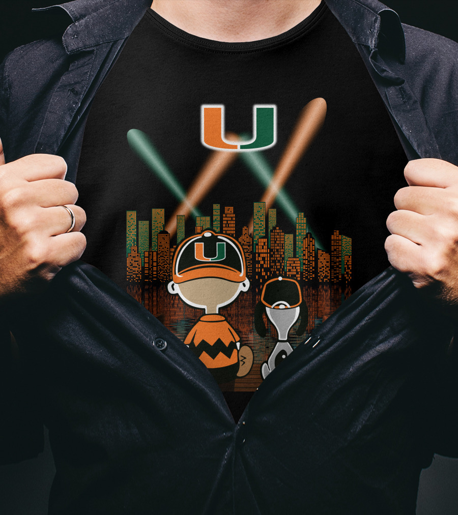 Miami Hurricanes City By Night Skyline Reflections With Characters T-Shirt