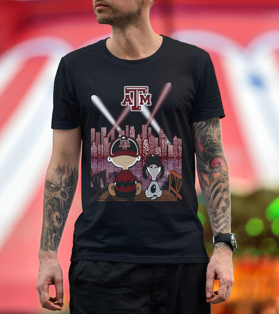 Texas A&M Aggies City Lights At Night With Iconic Characters T-Shirt