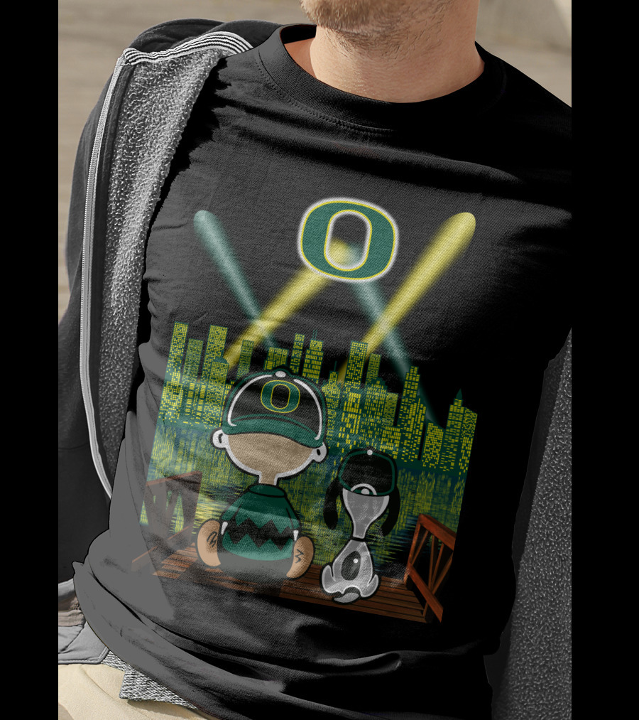 Oregon Ducks Nighttime Cityscape With Cartoon Characters And Stadium Lights T-Shirt