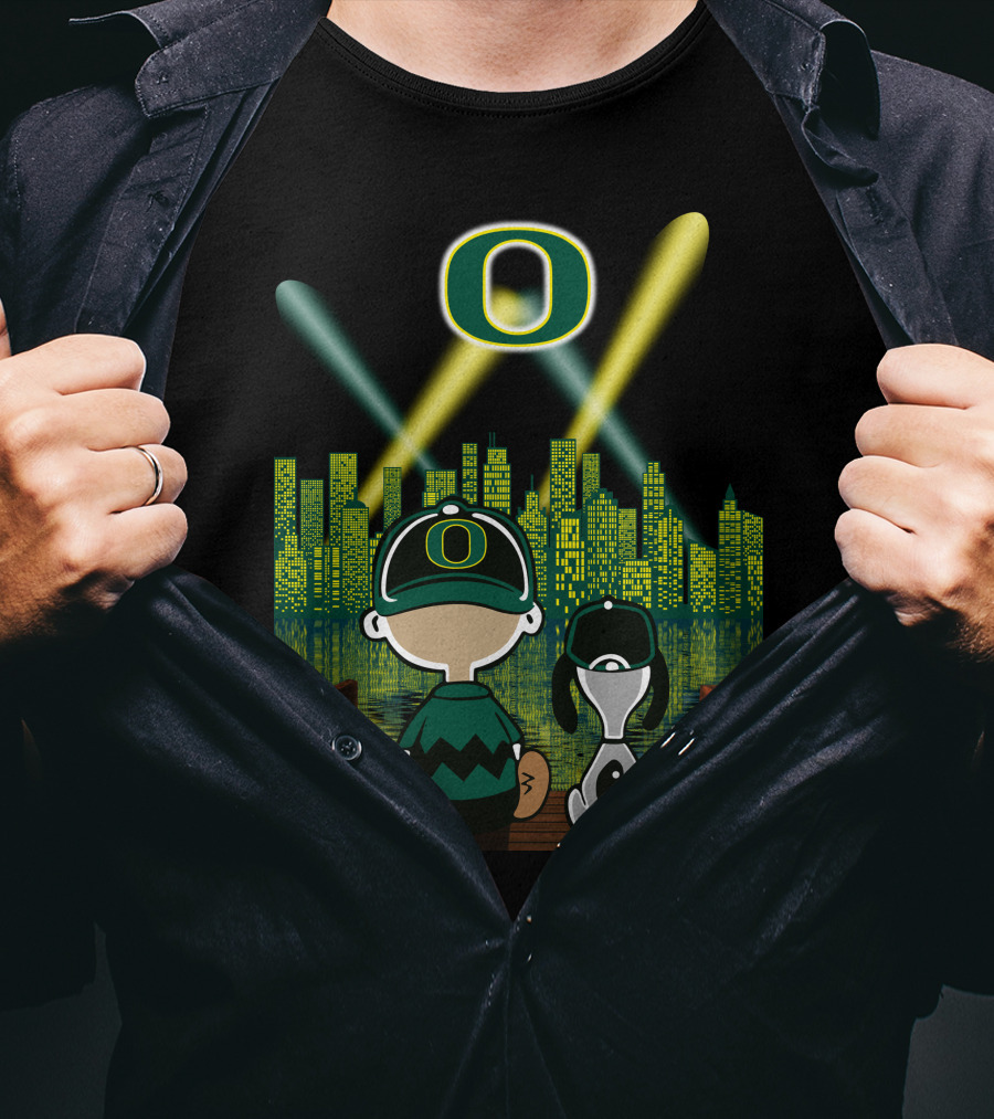 Oregon Ducks Nighttime Cityscape With Cartoon Characters And Stadium Lights T-Shirt
