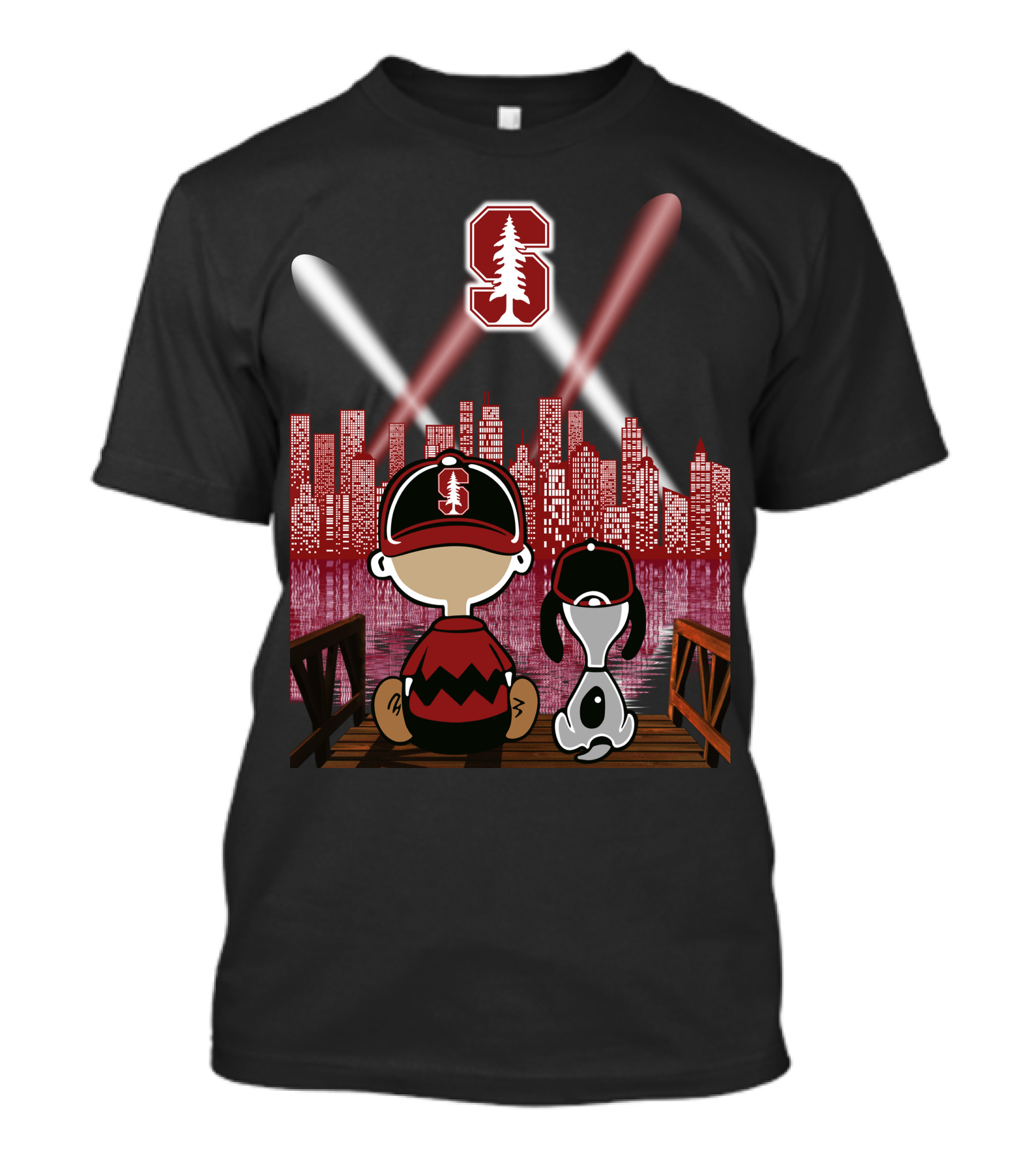 Stanford Cardinal Skyline Night With Characters And Lights T-Shirt