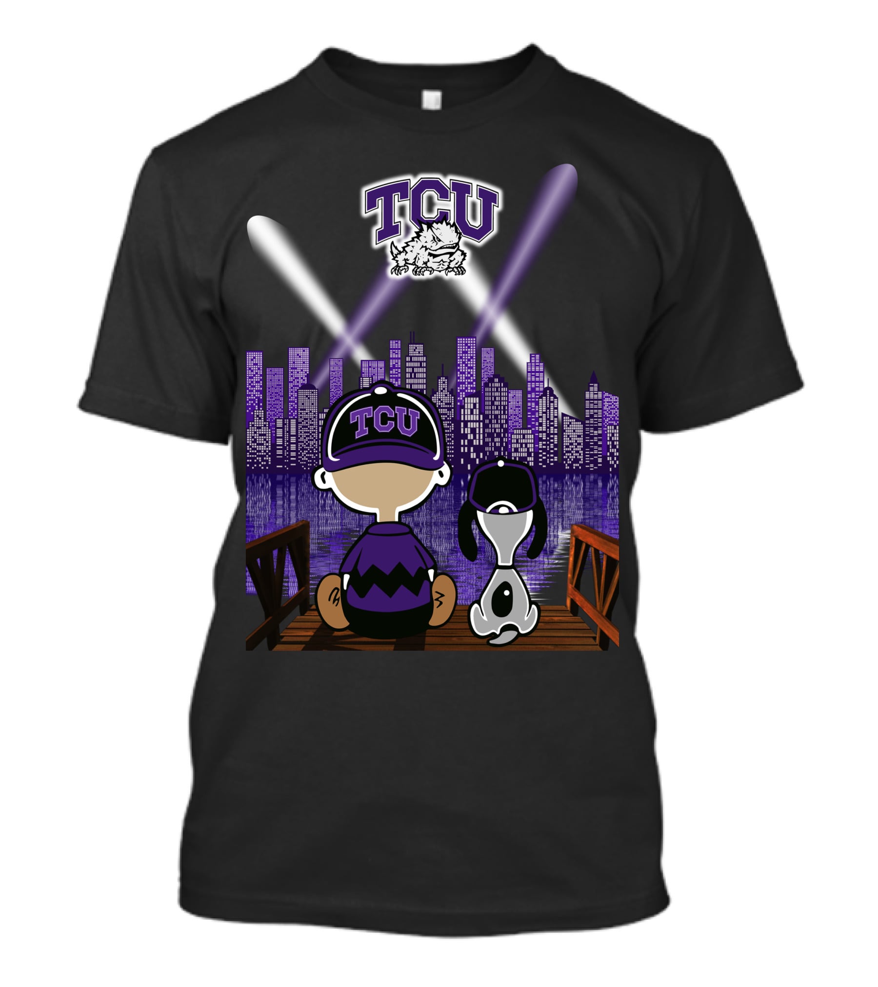 Tcu Horned Frogs City Skyline Night Scene With Mascot And Dog T-Shirt