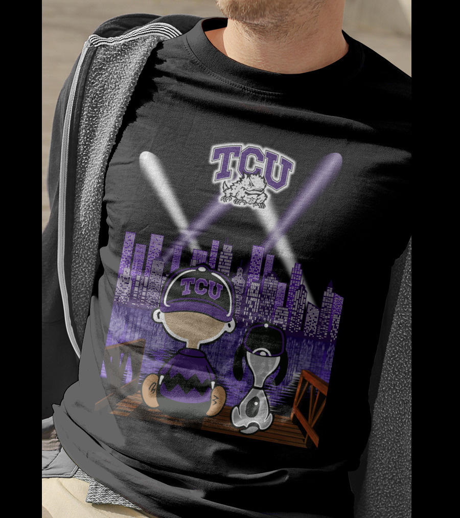 Tcu Horned Frogs City Skyline Night Scene With Mascot And Dog T-Shirt