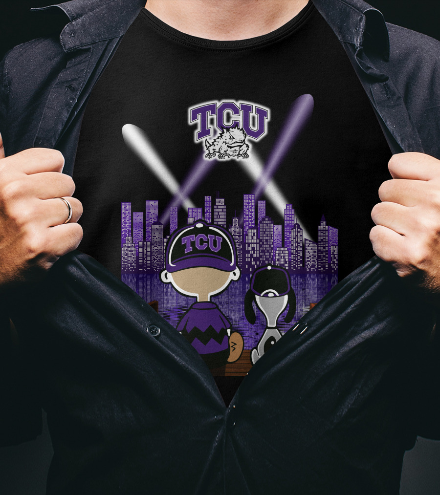 Tcu Horned Frogs City Skyline Night Scene With Mascot And Dog T-Shirt