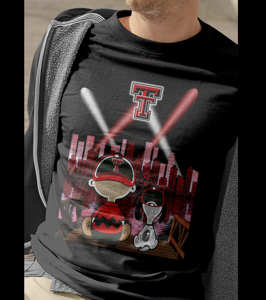 Texas Tech Red Raiders T Logo At Night With Character And Dog By City Skyline T-Shirt