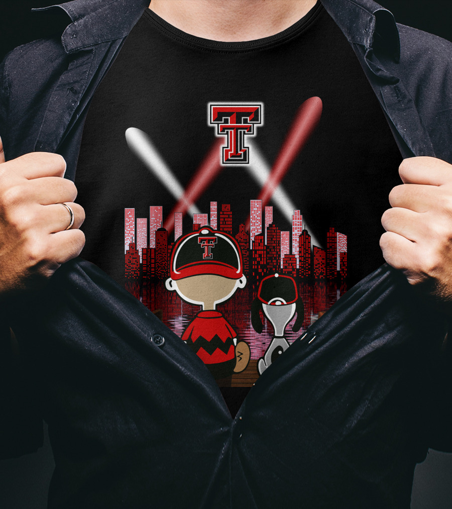 Texas Tech Red Raiders T Logo At Night With Character And Dog By City Skyline T-Shirt