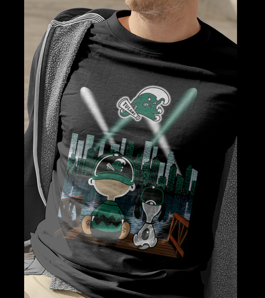 Tulane Green Wave City Skyline Featuring Iconic Characters And Baseball Cap Logo By Night T-Shirt