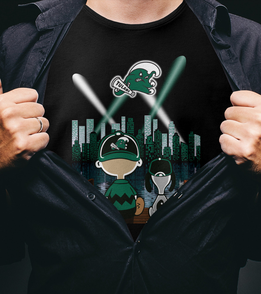 Tulane Green Wave City Skyline Featuring Iconic Characters And Baseball Cap Logo By Night T-Shirt