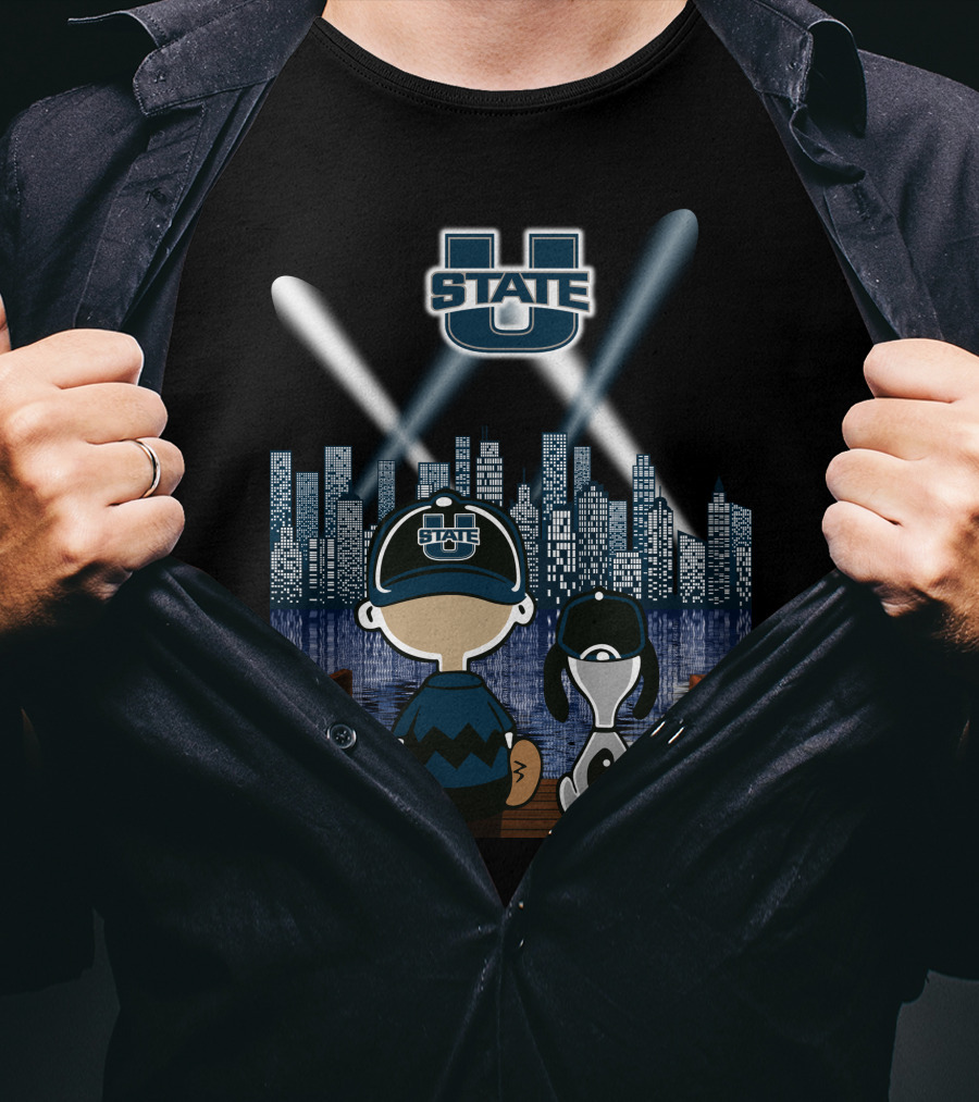 Utah State Aggies City Skyline At Night With Dog And Character T-Shirt