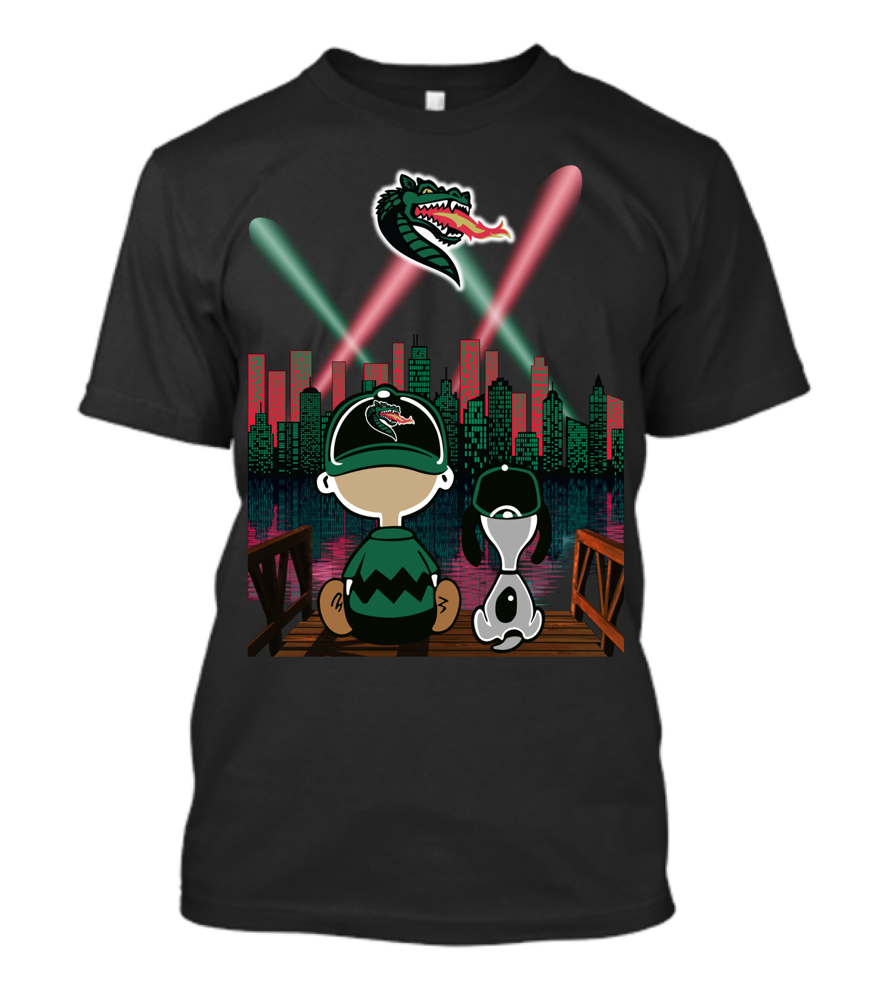 Uab Blazers Dragon Logo Over City Skyline With Cartoon Characters On Bridge At Night T-Shirt