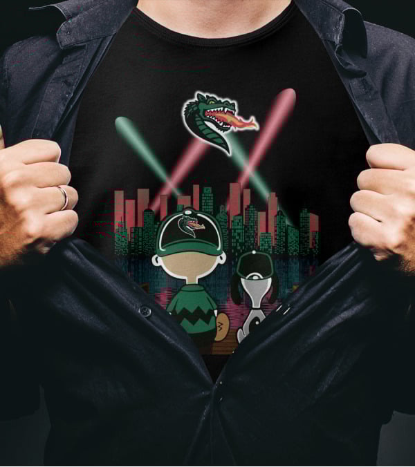 Uab Blazers Dragon Logo Over City Skyline With Cartoon Characters On Bridge At Night T-Shirt