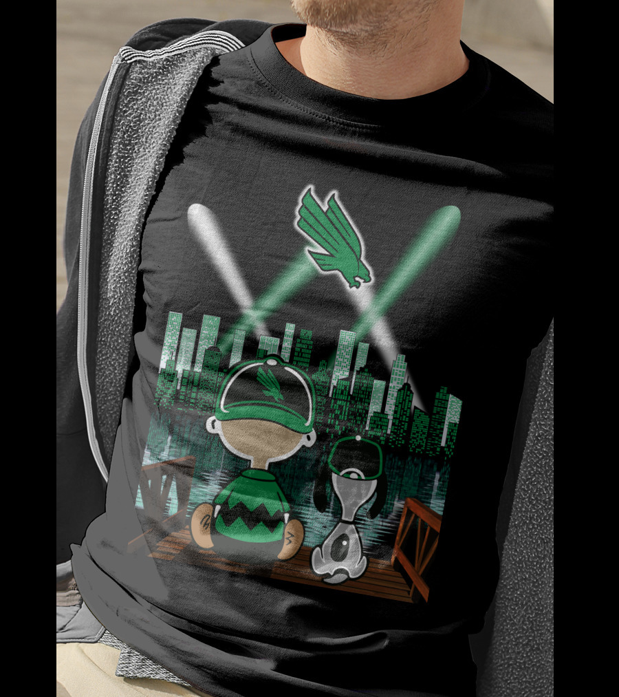 North Texas Mean Green City By Night Skyline With Cartoon Characters And Flying Bird T-Shirt