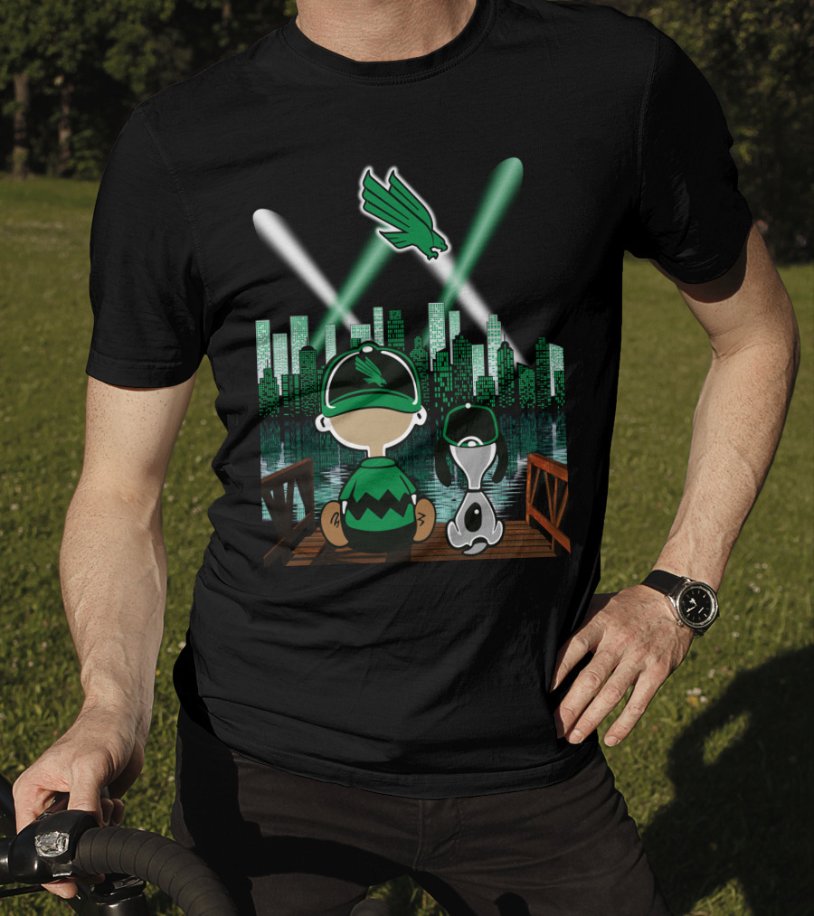 North Texas Mean Green City By Night Skyline With Cartoon Characters And Flying Bird T-Shirt